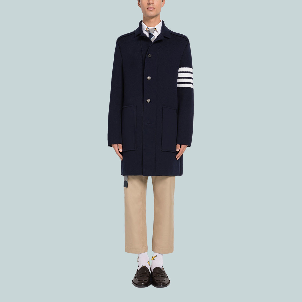 Cotton Cashmere Interlock 4-Bar Polo Collar Overcoat Navy
