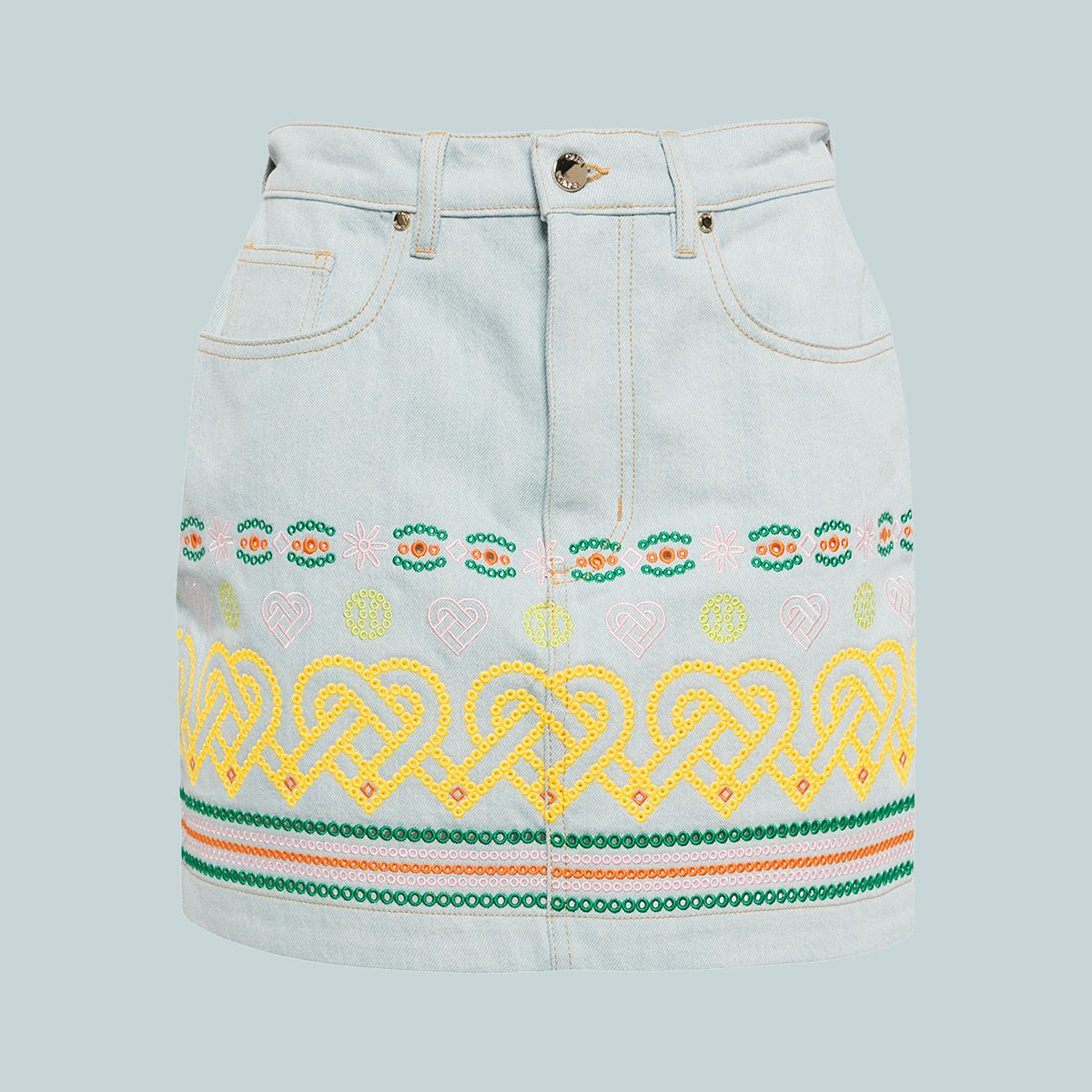 Women's Embroidered Denim Skirt Bleach Indigo